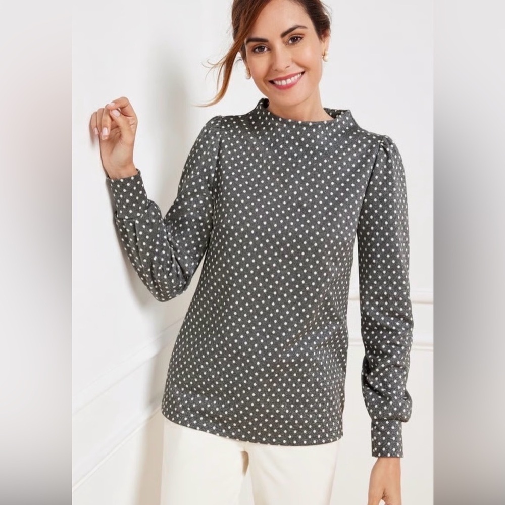 Talbots Polka Dot Mock Neck Blouse | Navy & Ivory | Size Large Metallic Thread